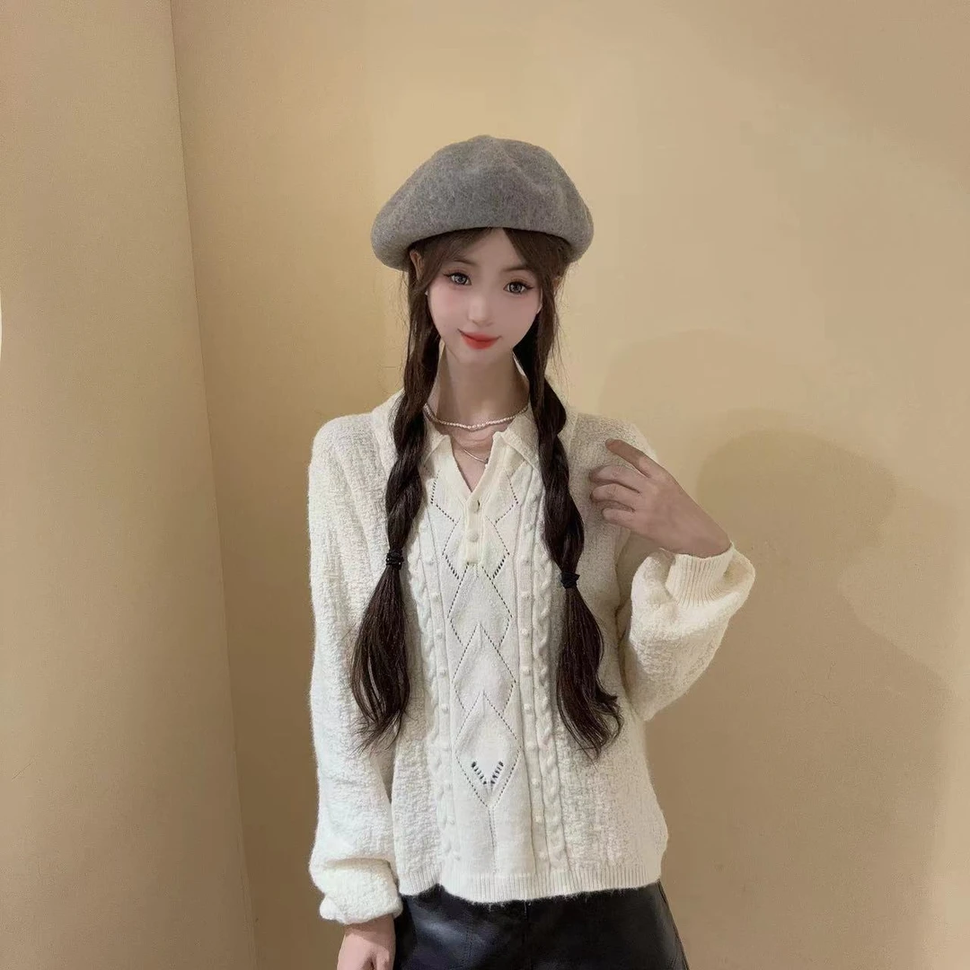 杏色方领口设计感减龄麻花针织图案时尚简约可打底可外穿打底毛衣