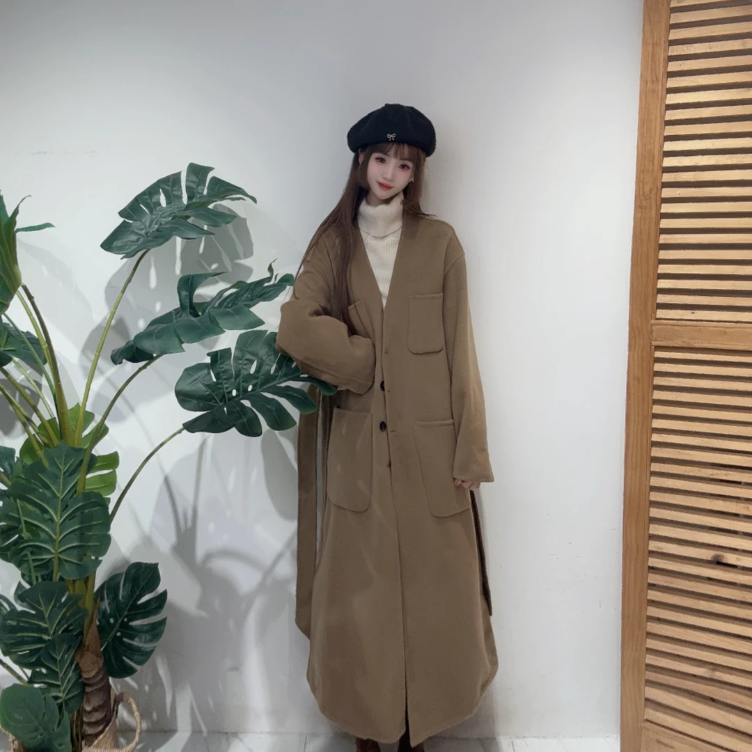 VICKY PEPE简约通勤V领中长款复古风/百搭高简约级感双面羊毛大衣