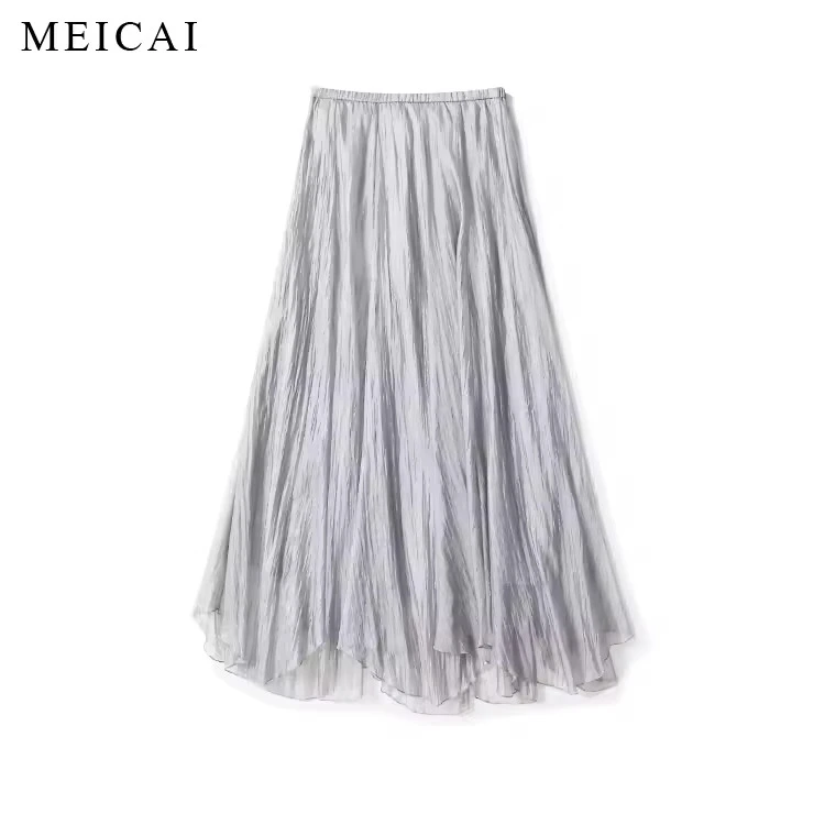 美裁 浪漫沁凉 法式珠光感木耳边不规则中长款雪纺半身裙