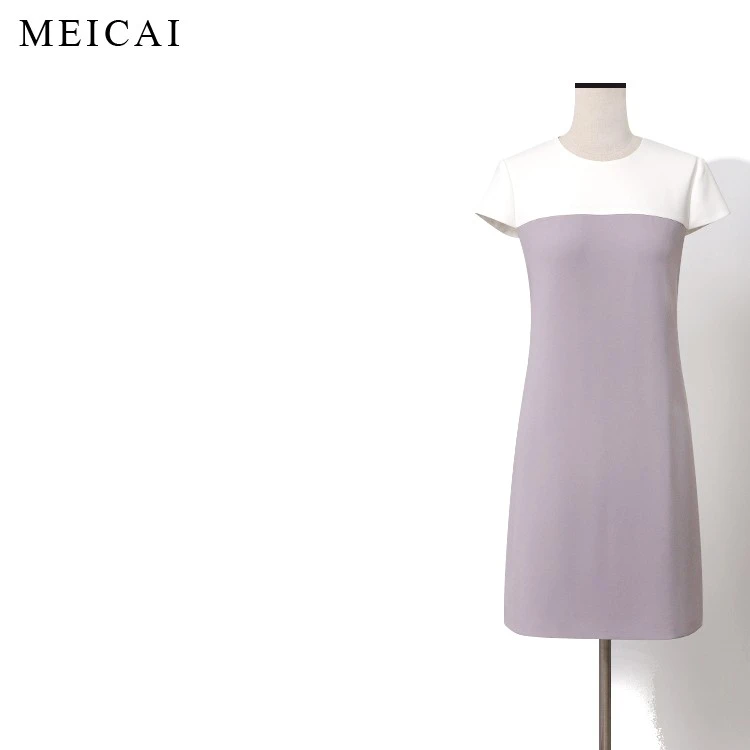 美裁三醋撞色紫白拼接连衣裙