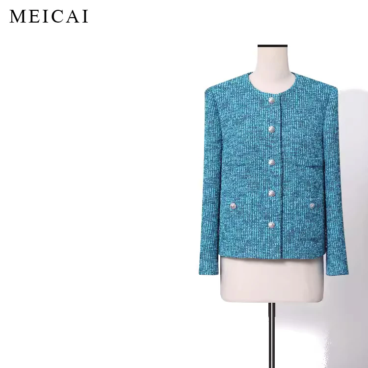 新款气质高级感显白孔雀蓝名媛小香风休闲花呢外套