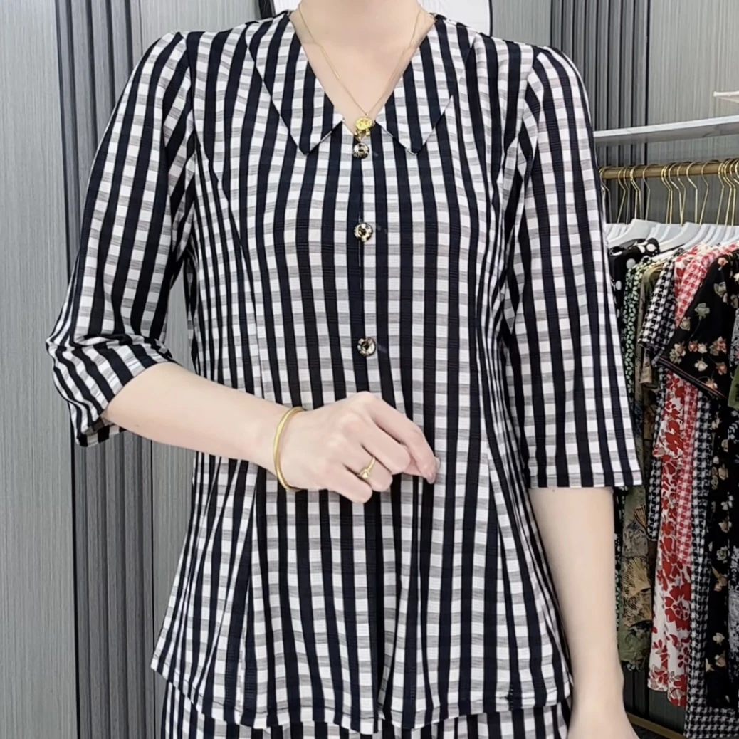 2025夏季妈妈装娃娃领洋气减龄定制花色时尚妈妈装显瘦百搭遮肚