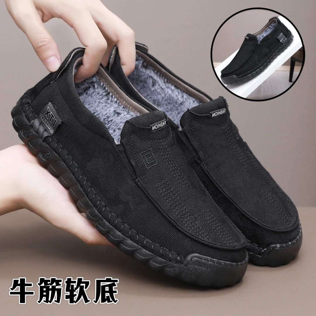 老北京布鞋男棉鞋加绒保暖防滑厚底软休闲一脚蹬帆布爸爸棉鞋