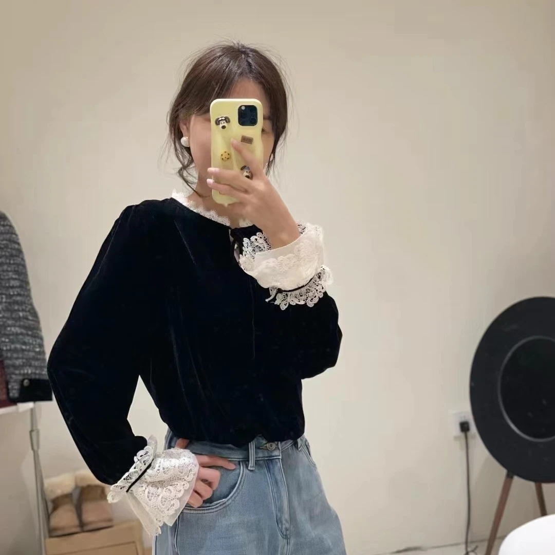 ocean 蕾丝边丝绒上衣