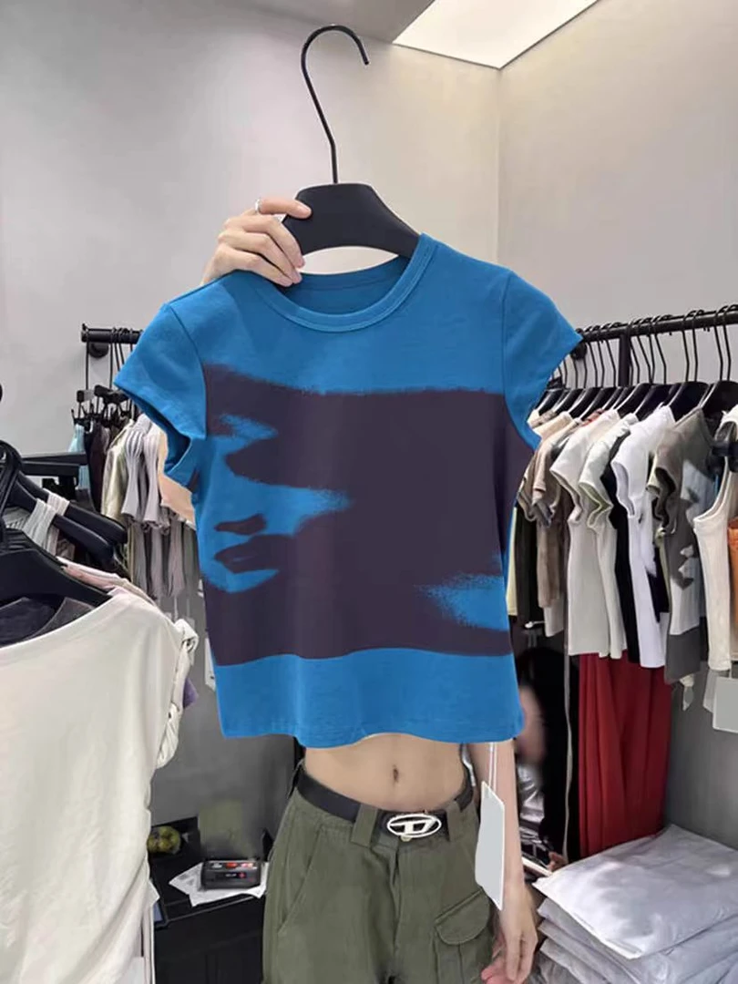 2025蓝色新款气质小众圆领T恤修身显瘦印花设计感短袖上衣女夏ins