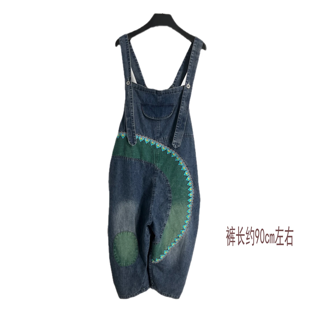 美雅家原创 重工刺绣拼色牛仔背带裤 连体牛仔裤时尚休闲夏季宽松