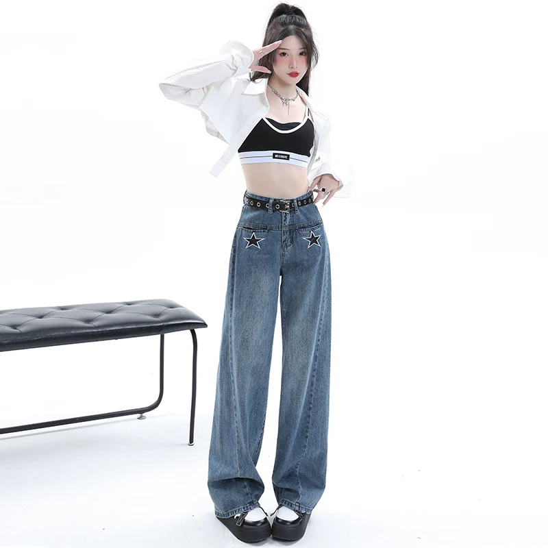 复古蓝色牛仔阔腿裤女2024垂感秋新款高街刺绣显瘦宽松直筒裤