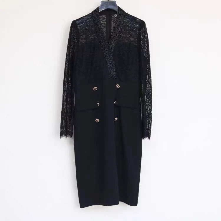 新款重工钉珠蕾丝长袖修身显瘦开叉连衣裙 216