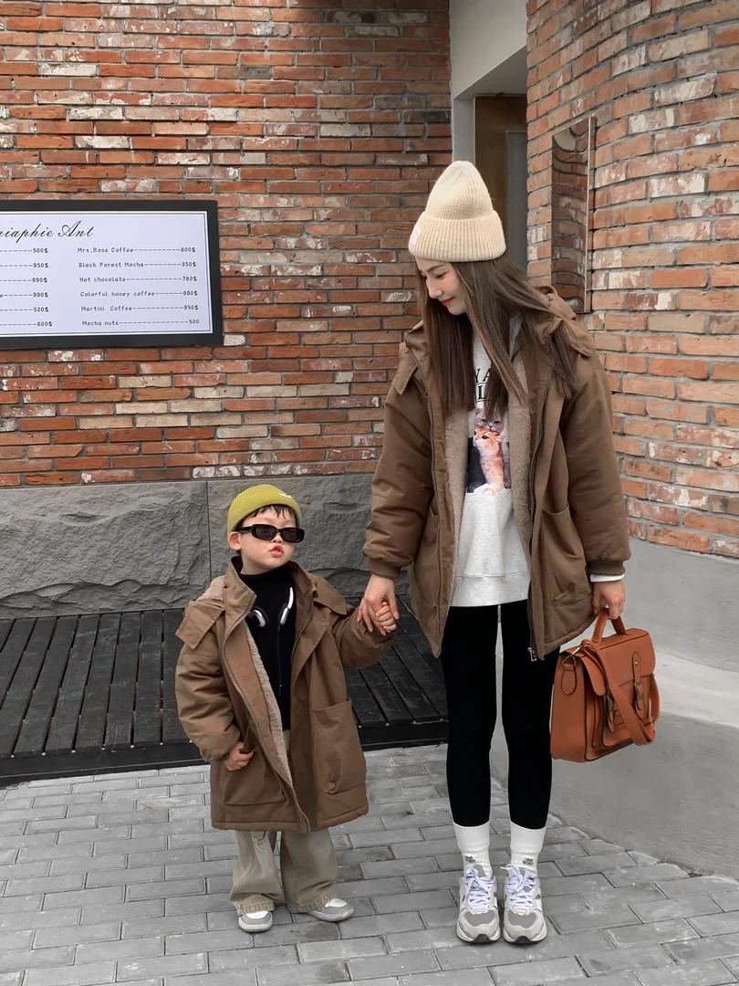 亲子款2023派克服 男女儿童加绒加厚冬款外套 宝宝保暖连帽中长棉