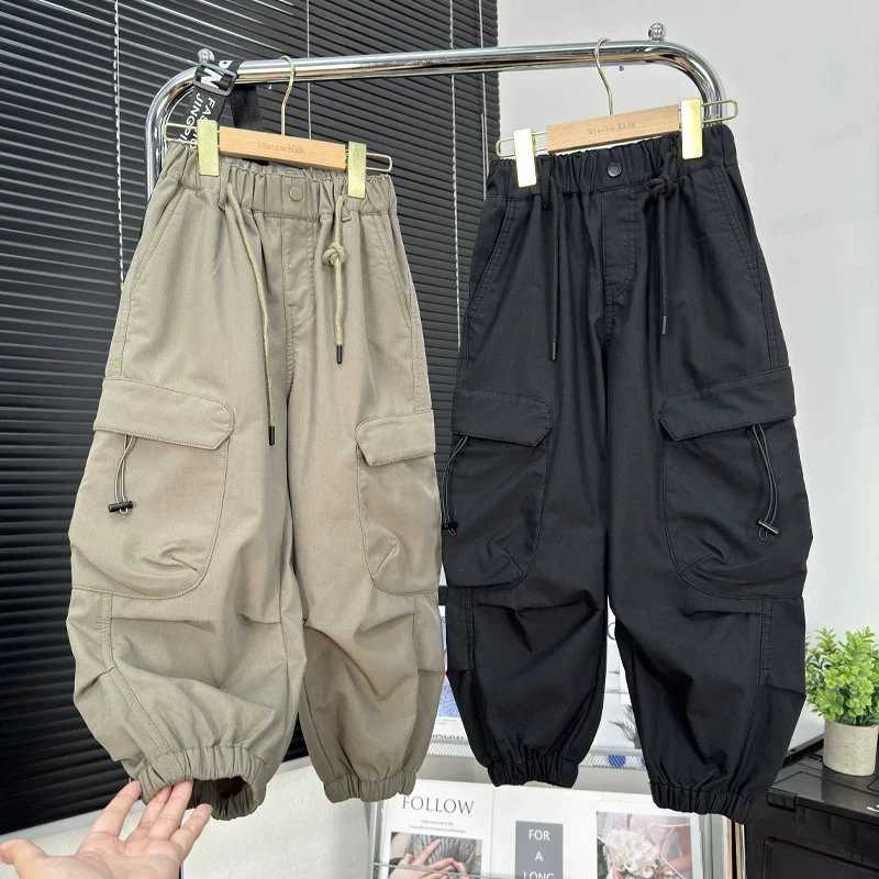 {现货现发}男童薄绒工装裤秋冬2024新款中大童宽松韩版加绒束脚裤