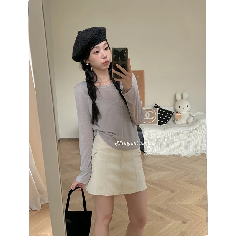 香香的蕉 琉璃月光 两件套上衣内搭女夏季长袖T恤吊带背心套装