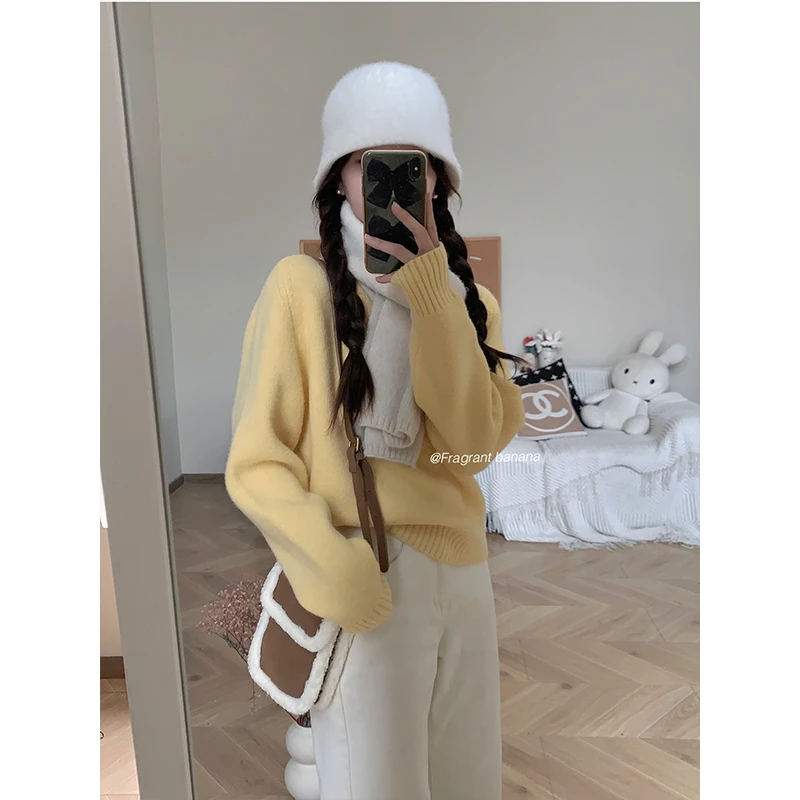 香香的蕉 秋冬韩版套头毛衣加厚内搭宽松慵懒风套头针织上衣