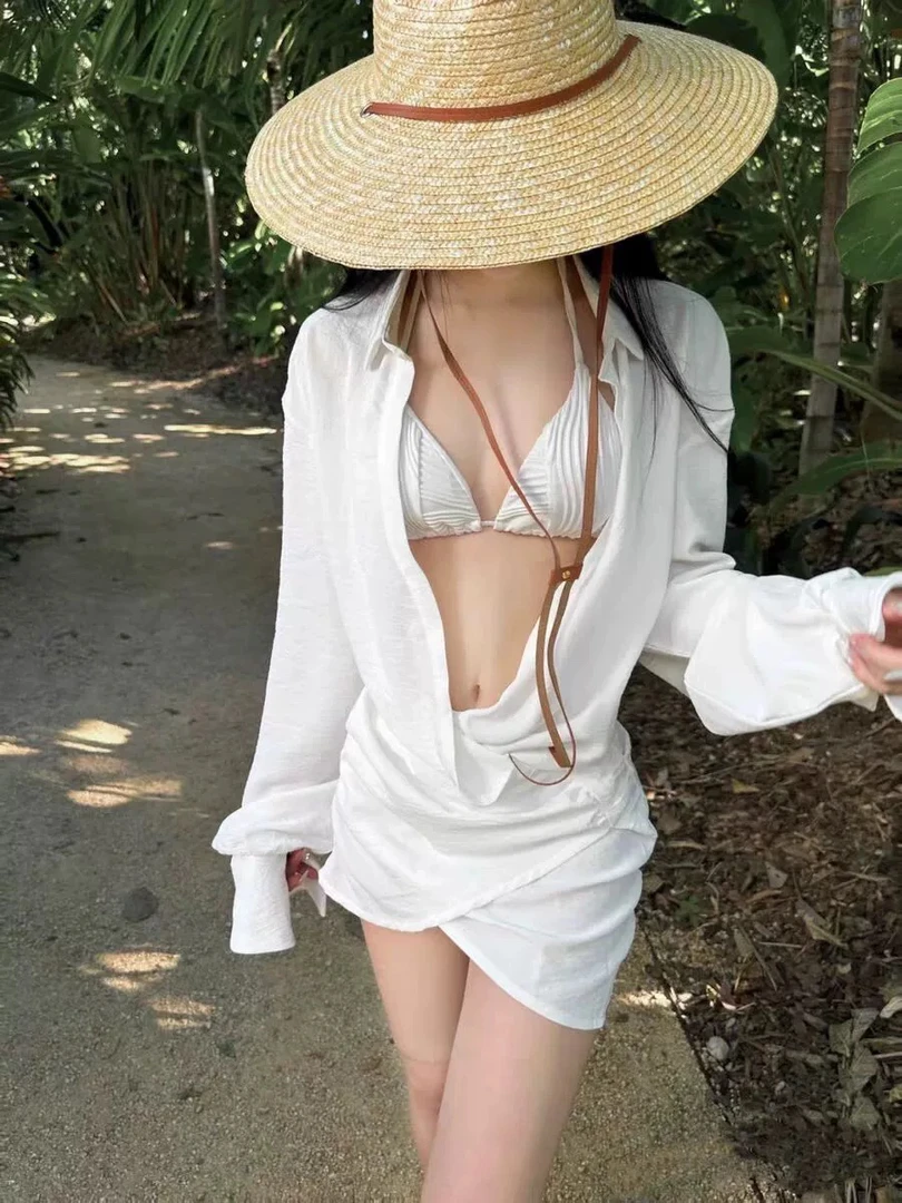 泳衣女白色比基尼衬衫性感纯欲风度假海岛防晒长袖罩衫温泉游泳装