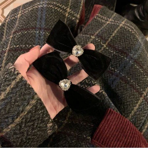 财阀千金发卡小香风丝绒舒钻发夹侧边高级韩国一字夹蝴蝶结头饰