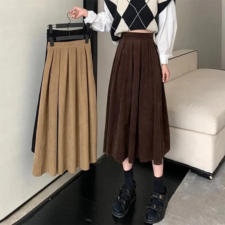 灯芯绒百褶裙半身裙女装春秋2023新款爆款洋气中长款高腰显瘦裙子