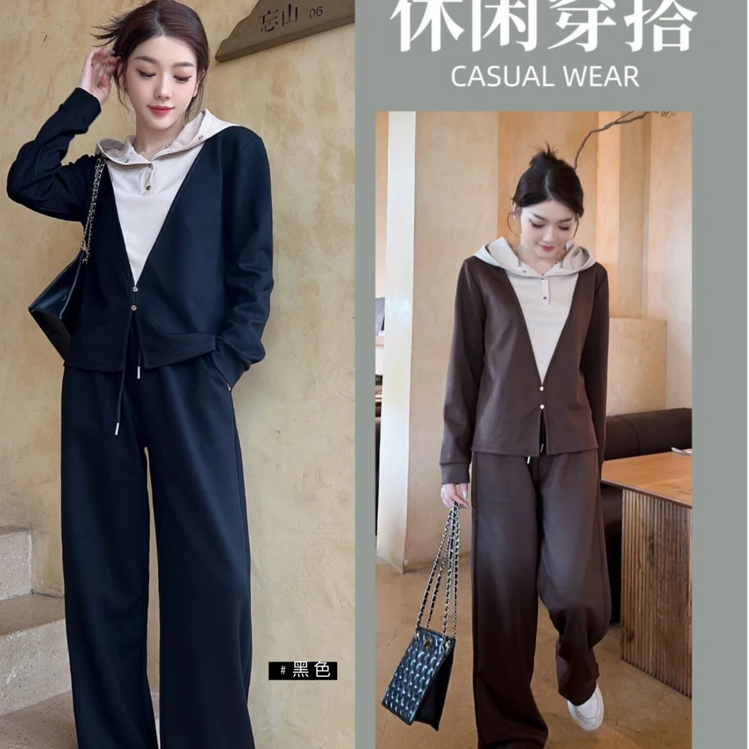 早春款时尚宽松两件套女士宽松显瘦时尚洋气休闲减龄连帽套装9905