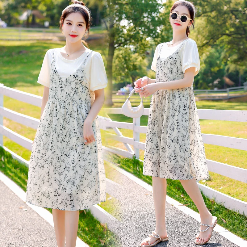 孕妇连衣裙2023夏天新款假两件小个子短袖网红夏装孕妇裙子中长款