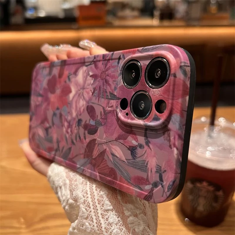 复古紫红油画花朵适用苹果14promax手机壳新款iphone13高级感15女