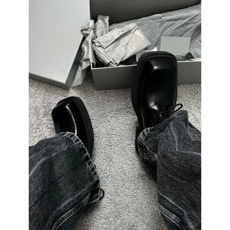 小众方头德比鞋男时尚百搭黑色春秋季设计感潮流休闲气质理发师鞋