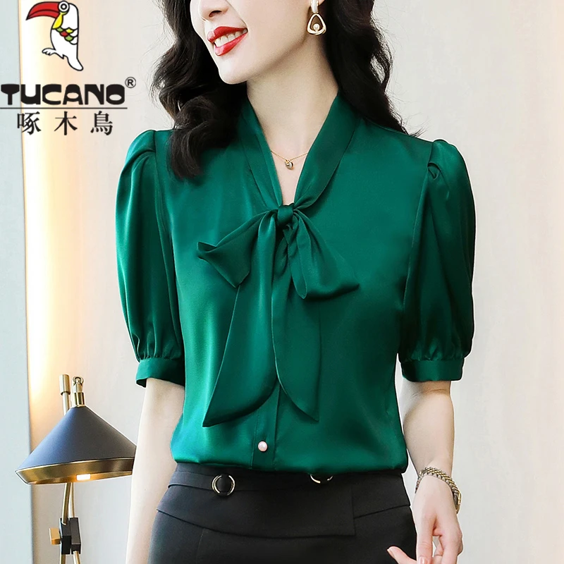 TUCANO/啄木鳥蝴蝶结绸缎面衬衫女短袖上衣气质夏季新款职业衬衣