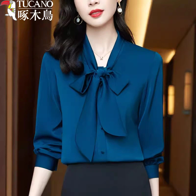 TUCANO/啄木鳥飘带蝴蝶结绸缎面衬衫女长袖春秋新款气质职业衬衣