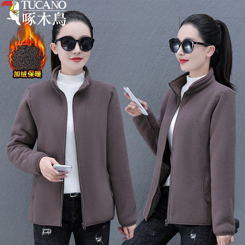 TUCANO/啄木鳥羊羔绒抓绒衣女秋冬新款加绒厚保暖摇粒中老年外套