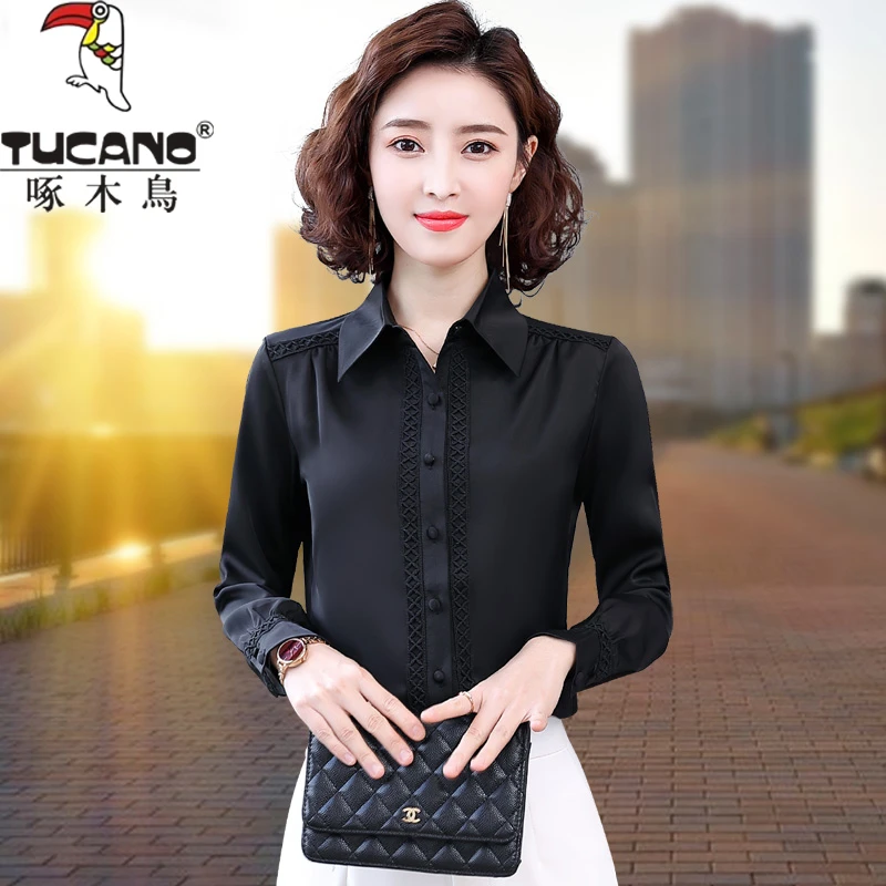 TUCANO/啄木鳥缎面衬衫女长袖上衣加绒厚保暖春秋冬新款打底衬衣