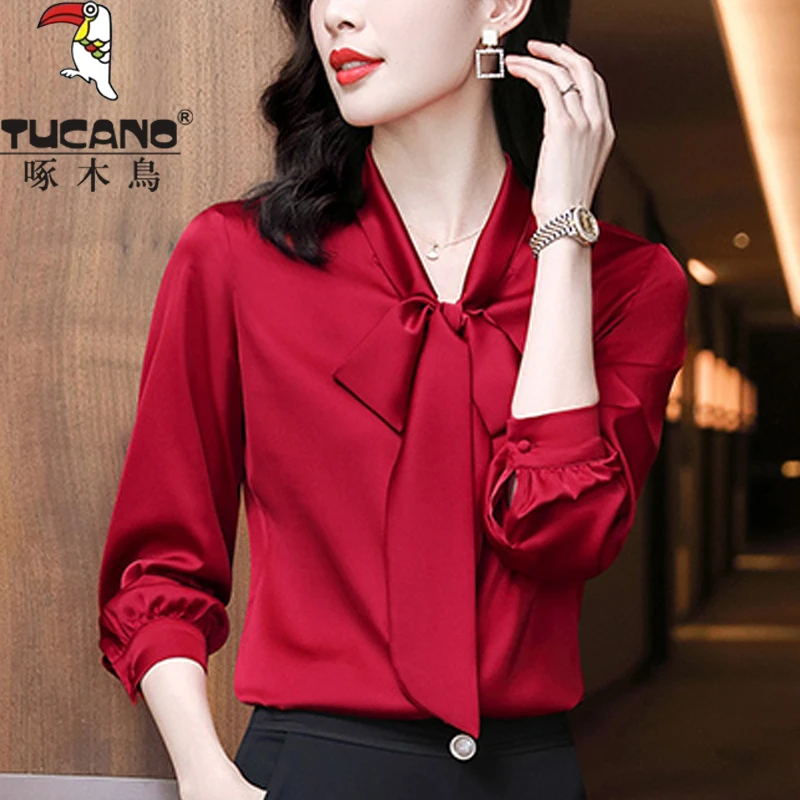 TUCANO/啄木鳥蝴蝶结绸缎面衬衫女长袖上衣春秋新款时尚职业衬衣