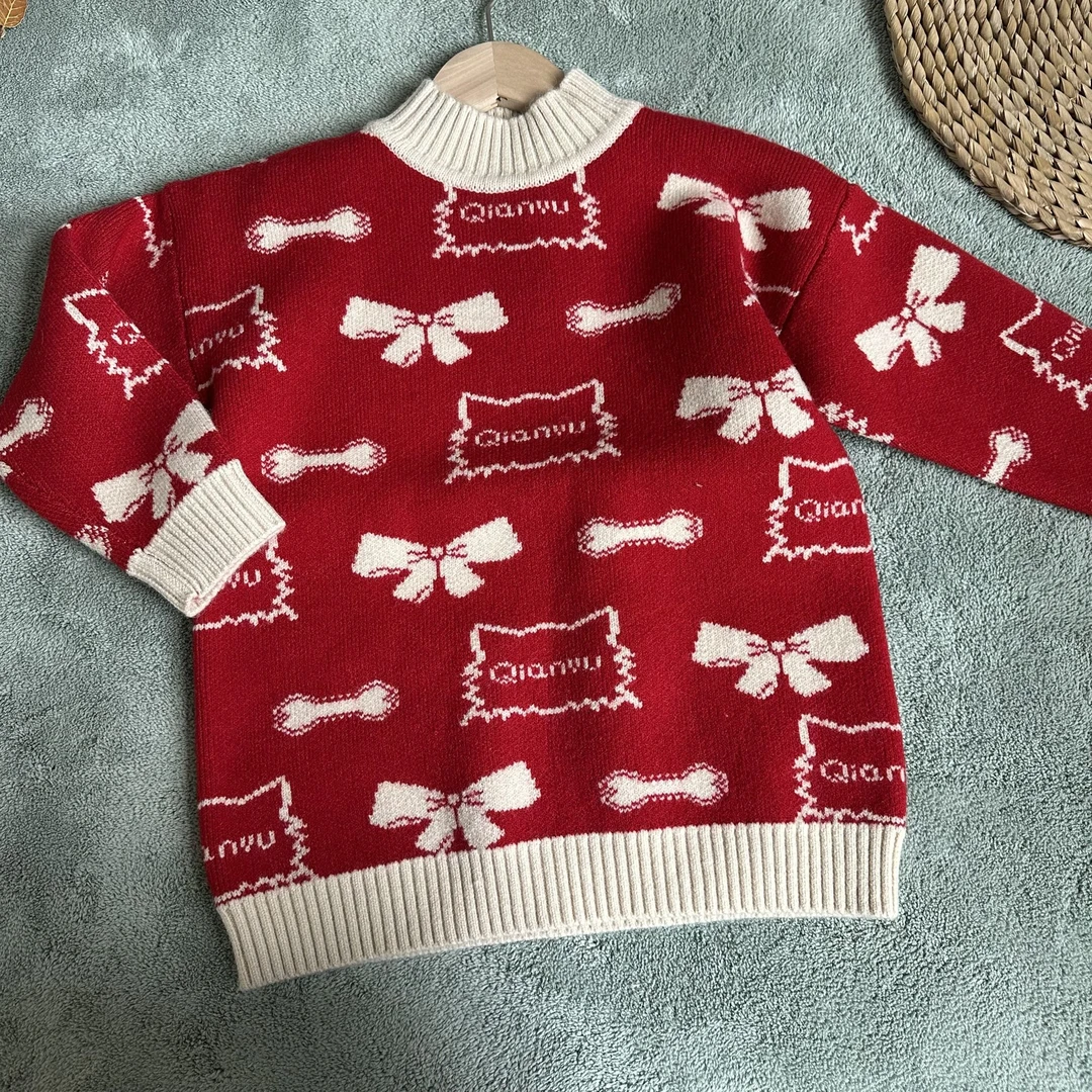 男女童新年圣诞款毛衣秋冬款儿童圆领时尚针织衫套头毛衣冬季加厚