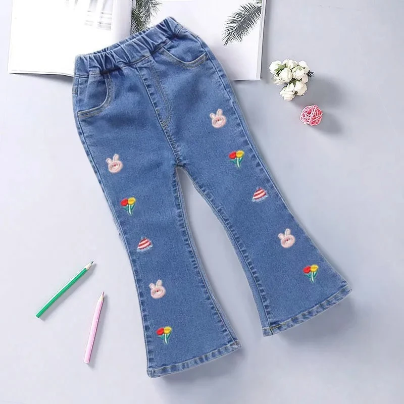 女童裤子春秋2024新款洋气宝宝长裤儿童牛仔裤女孩喇叭裤单裤外穿
