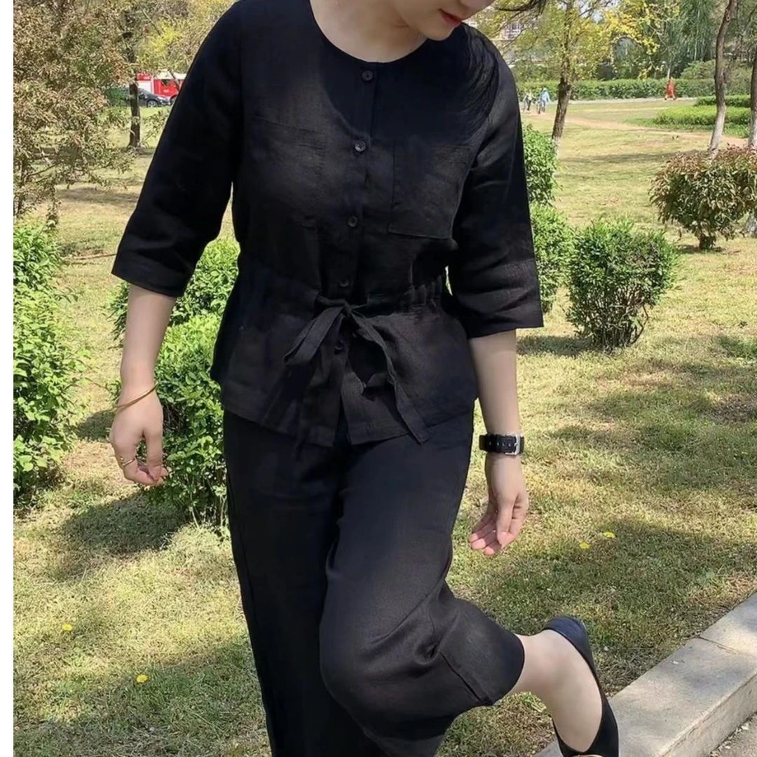 （两件套）616款亚麻八分阔腿裤套装，卡码拍大