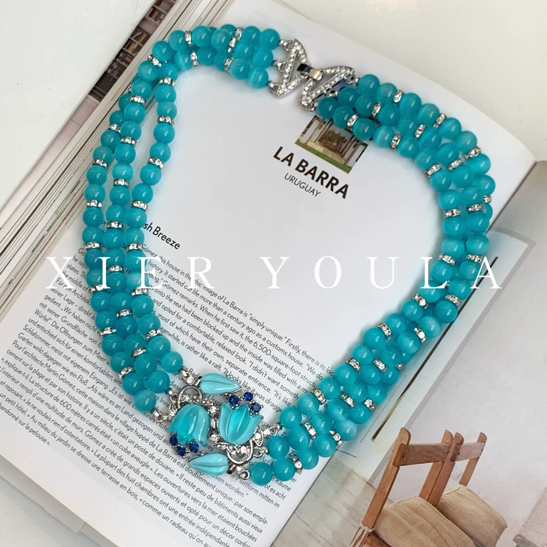 铜合金项链 【喜儿】12-2-18优雅复古精致多层蓝珠温柔铃兰花项链