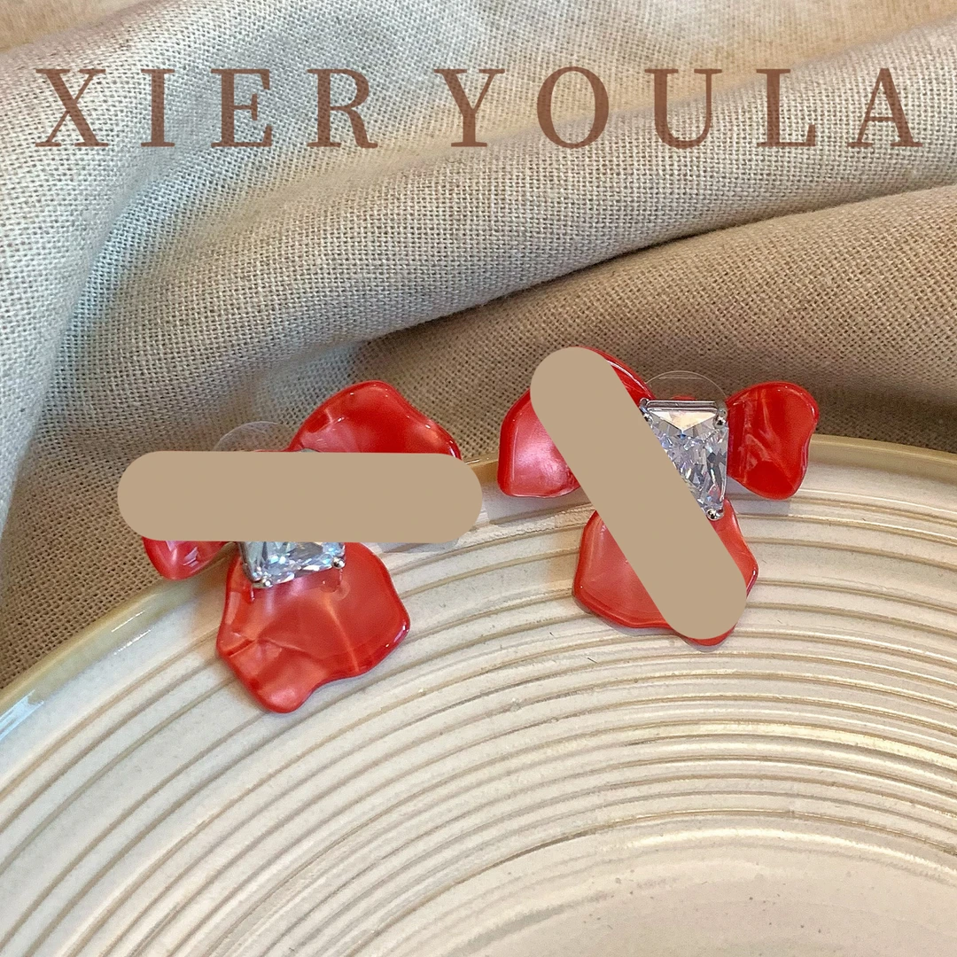 铜合金合成锆石耳饰 【喜儿ula】1-3-19气质时尚红花方糖气质耳环