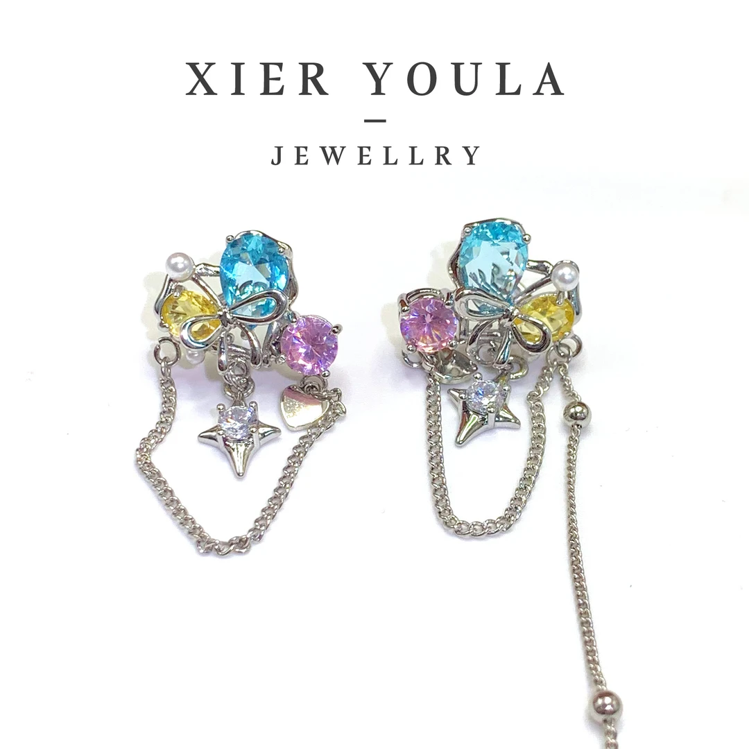 铜合金合成锆石耳饰 【喜儿ula】8-17-21彩镶气质蝴蝶结流苏耳夹