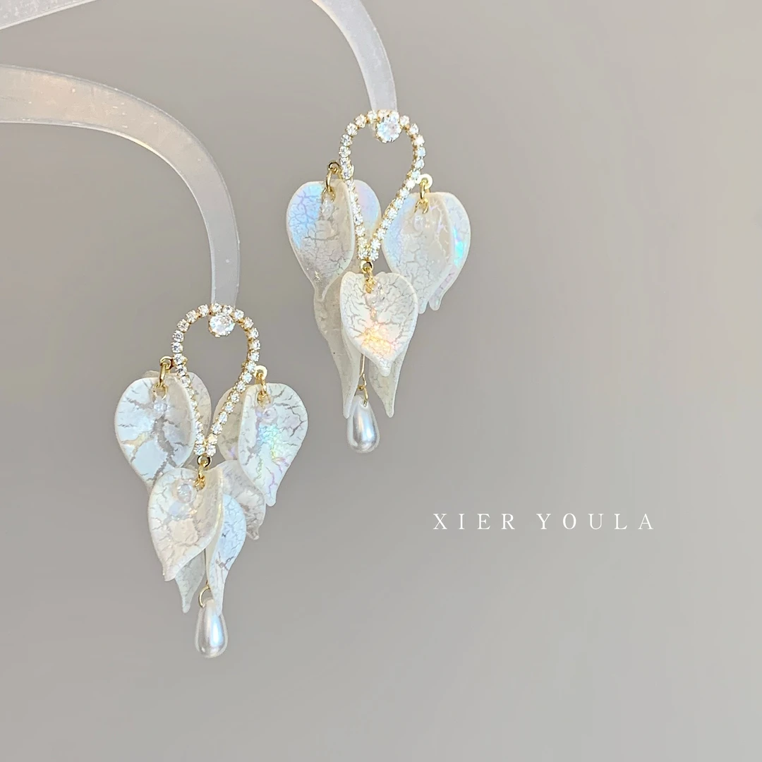 铜合金合成锆石耳饰 【喜儿ula】5-19-3（奶油风铃）流苏水滴叶片耳钉