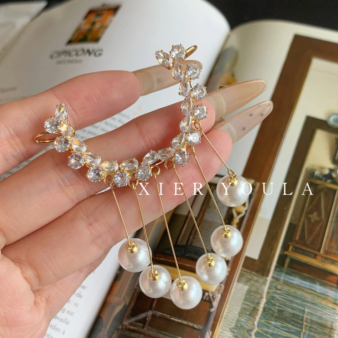 铜合金合成锆石耳饰 11-9-12气质新潮时尚流苏珠珠耳环耳骨夹