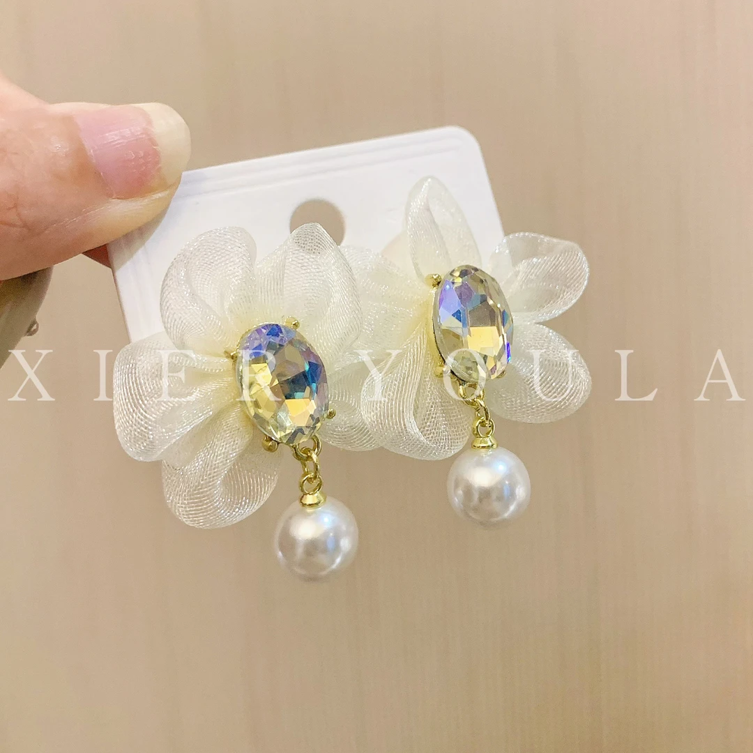 铜合金合成锆石耳饰 【喜儿ula】3-9-3网纱温柔镶嵌花朵珠珠耳环