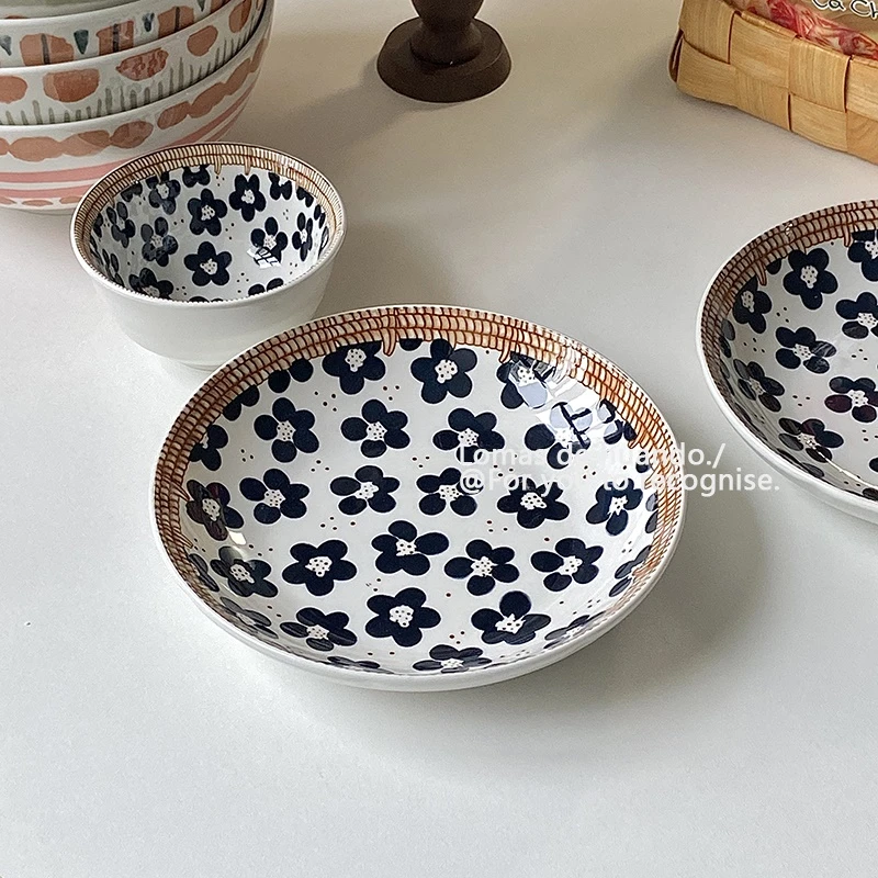 ins盘子家用菜盘复古小花沙拉盘甜品水果盘釉下彩陶瓷餐盘8寸盘