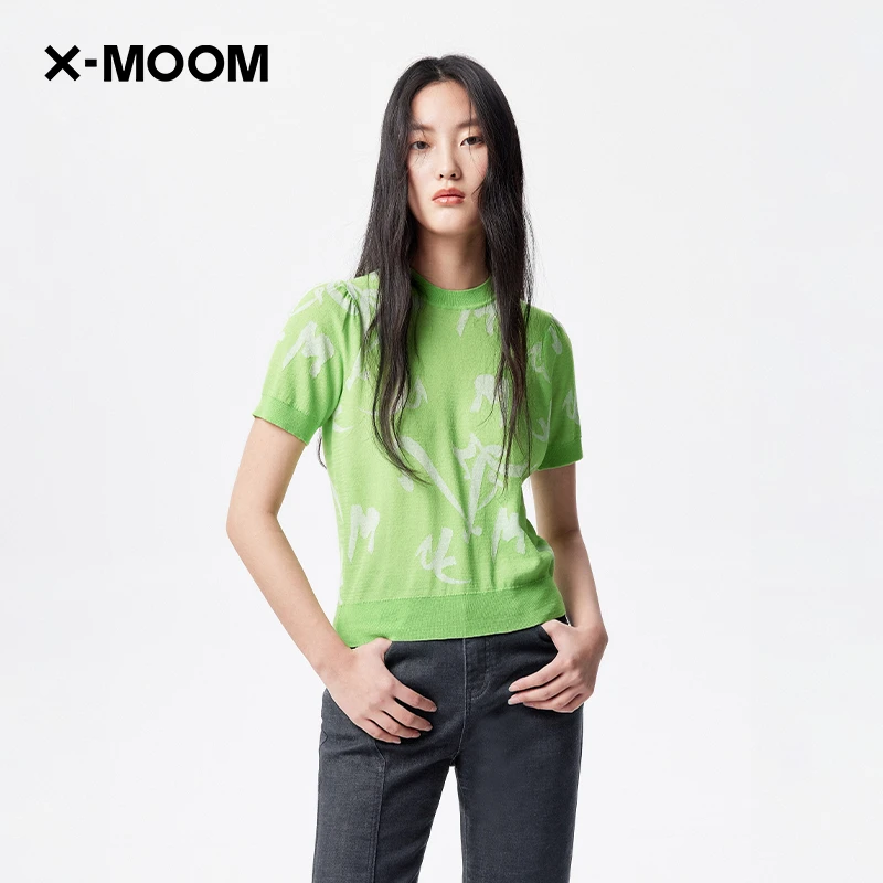 X-MOOM夏季新款果绿色提花修身圆领短袖针织上衣短款女ZVXDA18734