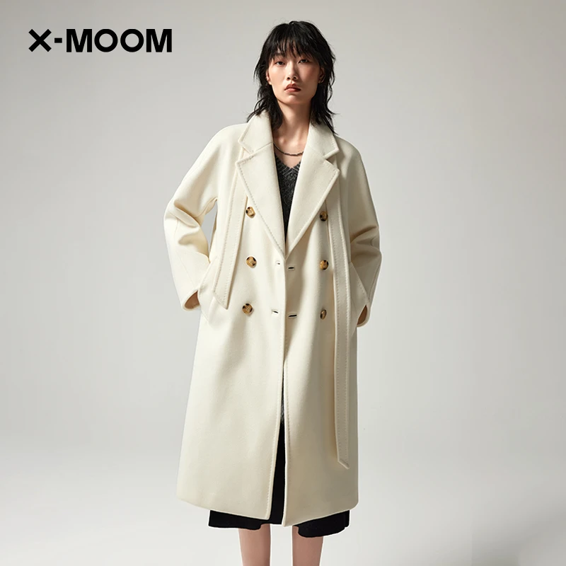 X-MOOM冬季新款白色系带收腰双面呢长款毛呢大衣外套女ZVDFD19333