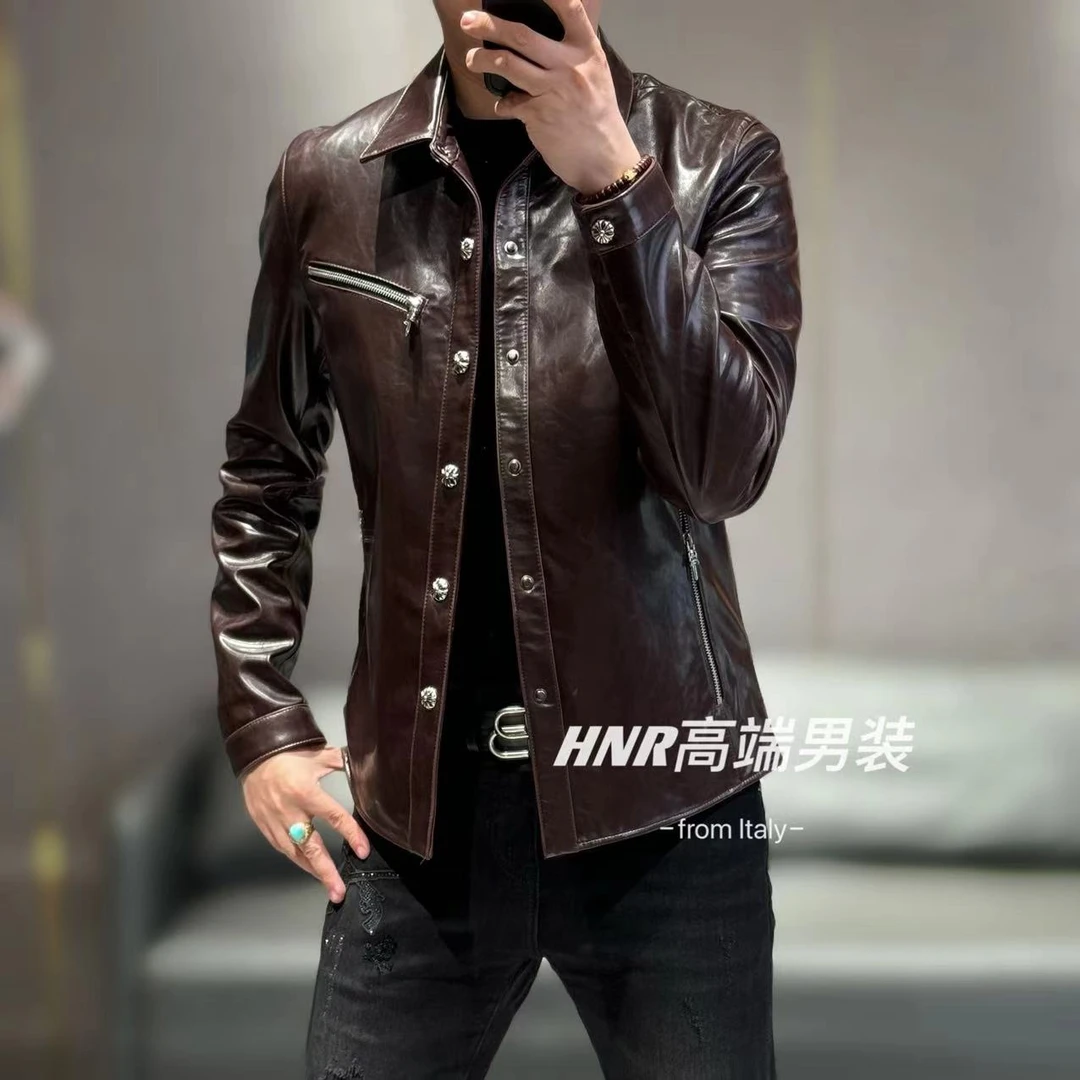 2024秋冬新款个性前胸拉链男士休闲百搭潮流简约纽扣羊皮衣24173