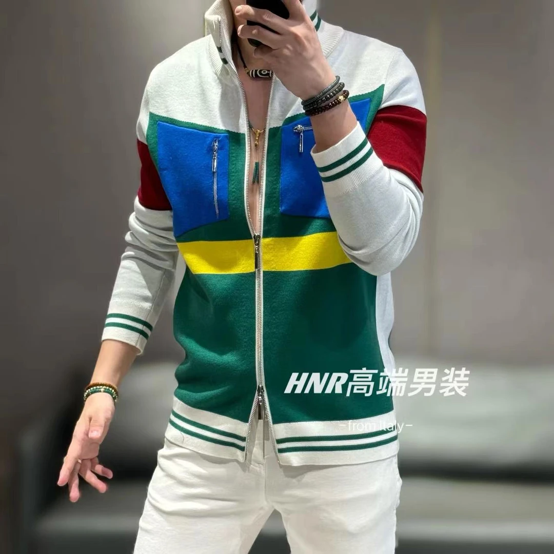颜色拼接双拉链设计新款高端男装时尚休闲百搭潮流针织衫8150