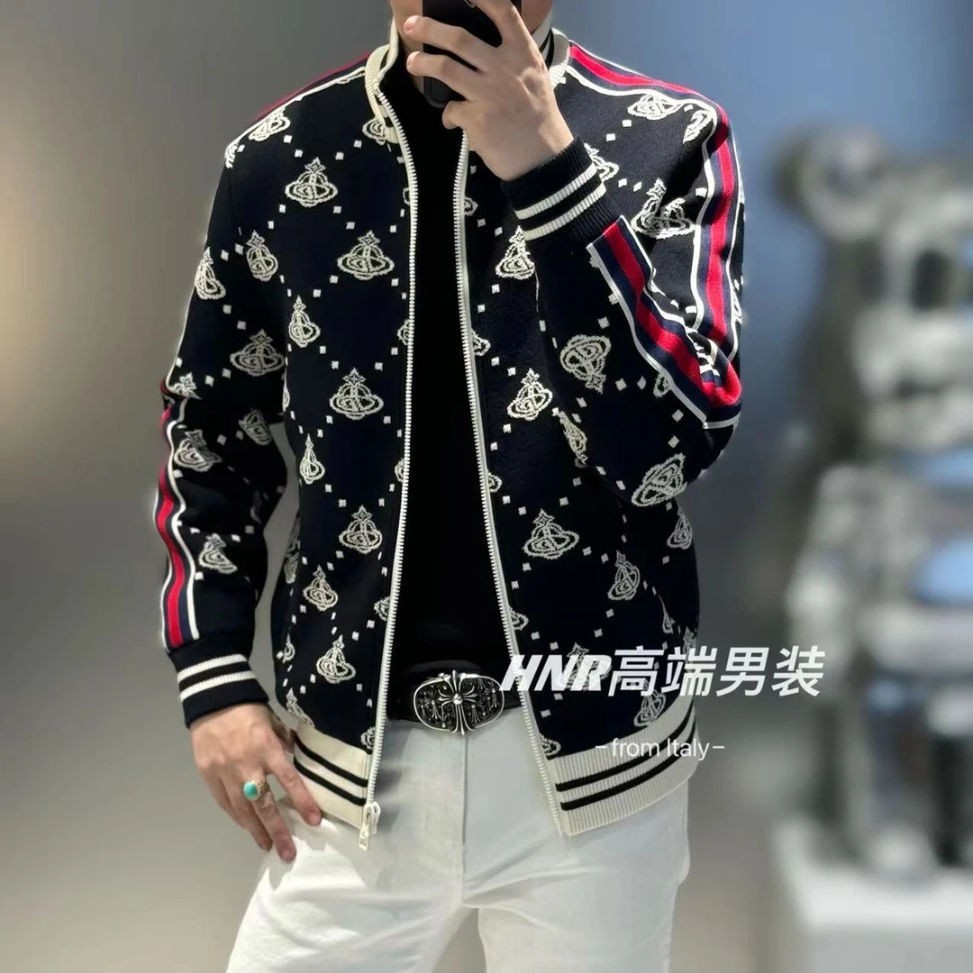 个性图案菱格条纹新款高端男士时尚百搭潮流夹克外套3796