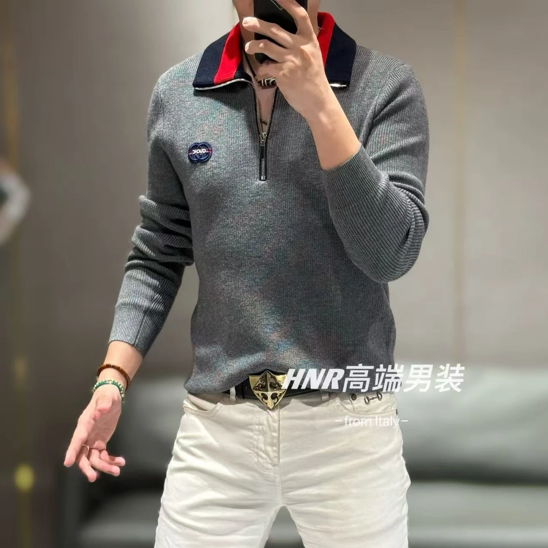 半拉链撞色拼接翻领新款高端男士时尚百搭潮流长袖针织衫77236