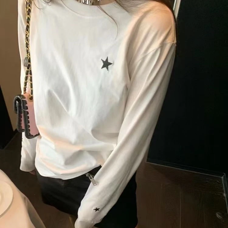 喜家外贸-定制款星星刺绣长袖T恤显瘦内搭打底加厚磨毛圆领上衣
