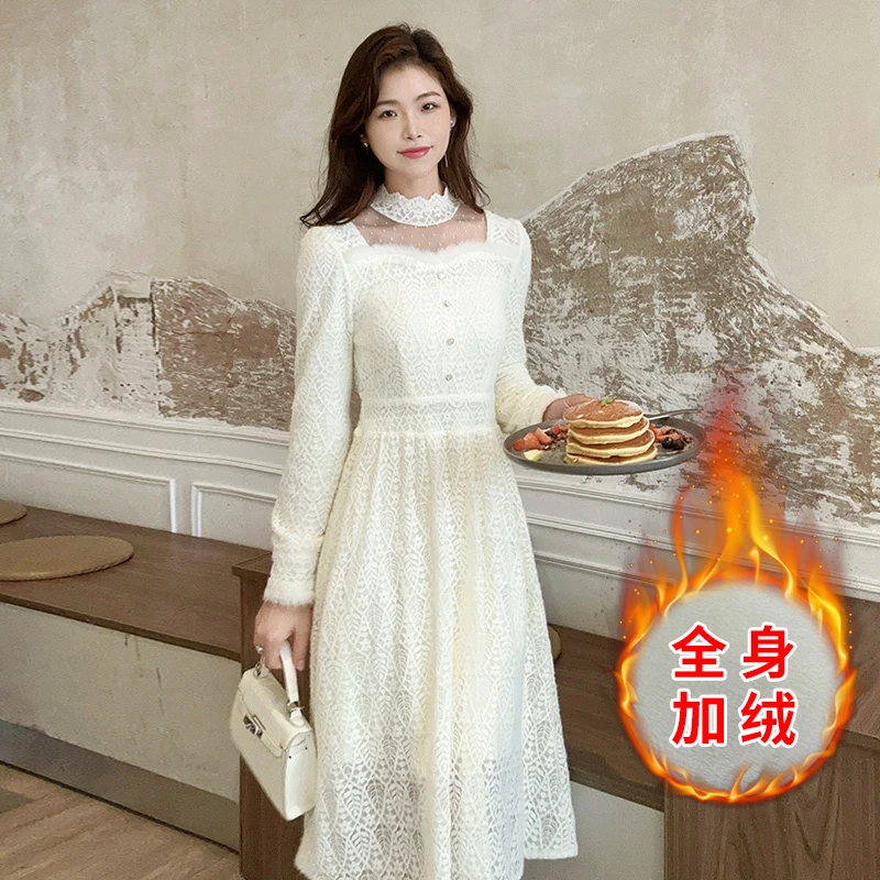 【万人迷】森系超仙内搭打底蕾丝裙女秋冬小个子加绒加厚仙女连衣裙