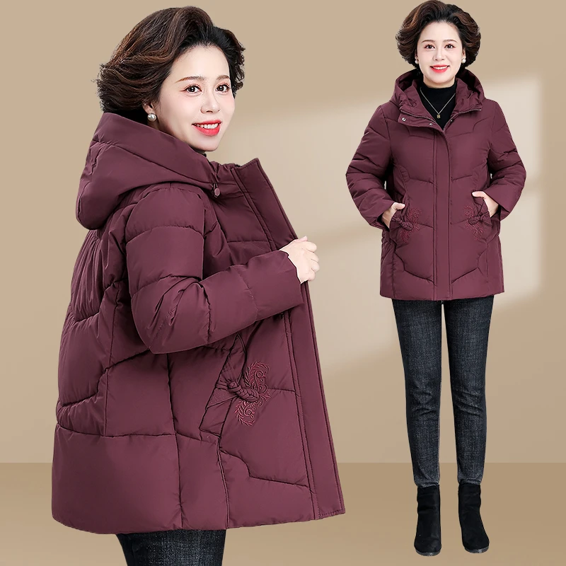 罗蒙气质连帽妈妈装棉服女冬季新款时尚减龄中老年人加厚棉衣棉袄