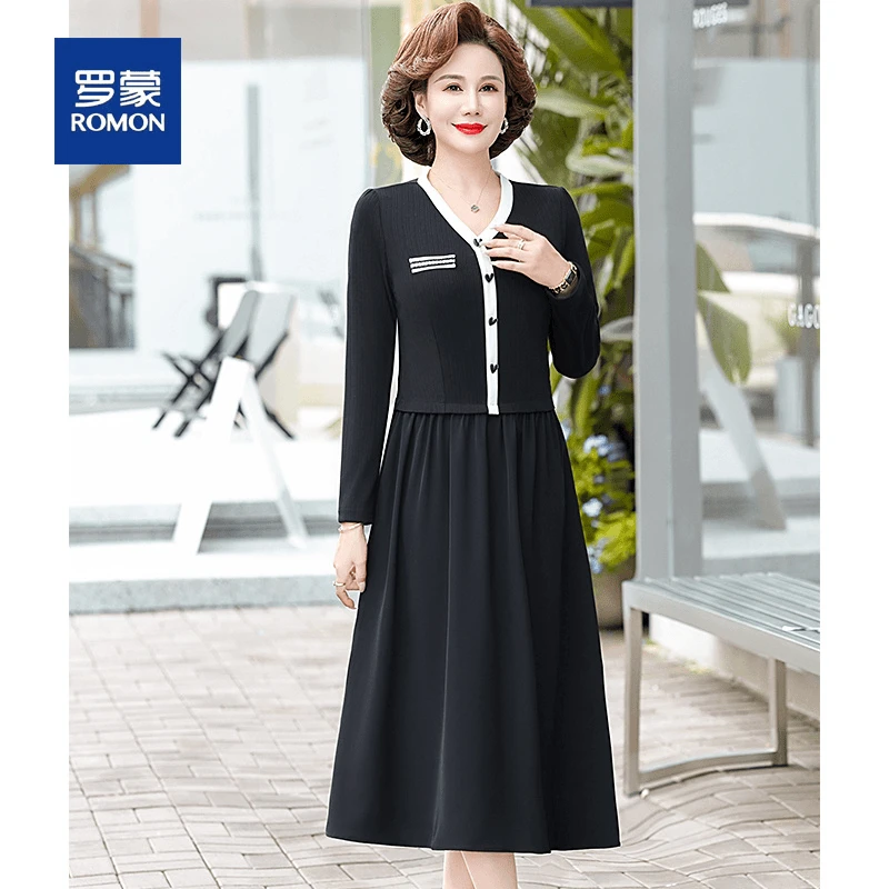 罗蒙中老年妈妈装连衣裙女秋装新款洋气高贵宽松显瘦中长款裙子女