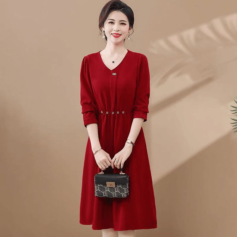 罗蒙喜婆婆婚宴礼服妈妈秋装红色连衣裙洋气中老年春秋本命年裙子