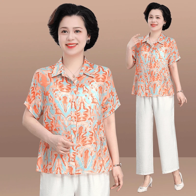 罗蒙妈妈洋气薄款上衣服中老年女装2025夏季新款衬衫裤子两件套女
